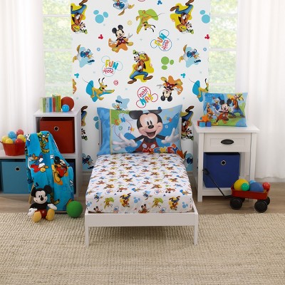 Disney Mickey Mouse Fun Starts Here 2 Piece Toddler Sheet Set - Fitted Bottom Sheet, and Reversible Pillowcase
