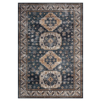 Washable Vintage Oriental Rug Non Slip Low Pile Rug Soft Throw Floor Cover Retro Medallion Foldable Indoor Carpet for Living Room Bedroom Playroom
