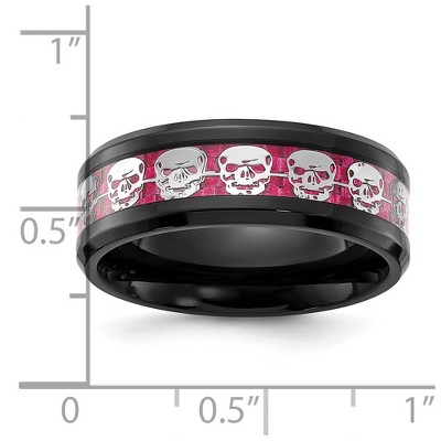 Chisel Stainless Steel Polished Black IP-plated Skulls with Pink Carbon Fiber Inlay 8mm Band Ring