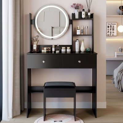 31.5" Makeup Vanity Table with Touch Round LED Mirror,Cushioned Stool and Storage Shelves for Bedroom-The Pop Home
