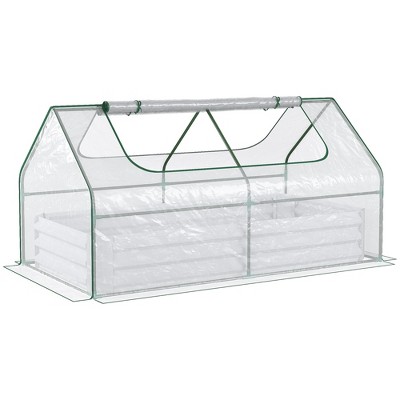 Outsunny Raised Garden Bed with Mini Greenhouse, Steel Outdoor Planter Box with Plastic Cover, Roll Up Window, Dual Use
