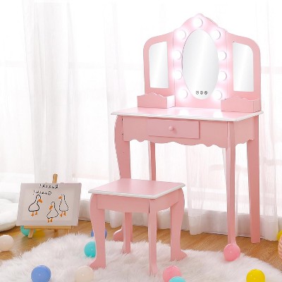 Kids Vanity with Lighted Mirror, Little Girls Vanity Table & Stool, Kids Makeup with Tri-Fold Mirror, Drawer & Storage Grid for 3-9 Yrs Girls