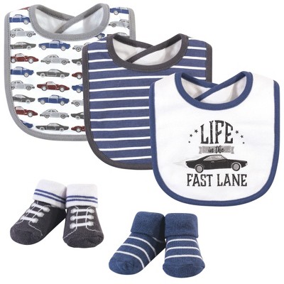 Hudson Baby Infant Boy Cotton Bib and Sock Set 5pk, Vintage Cars, One Size