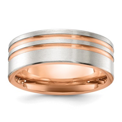 Chisel Titanium Brushed and Polished Rose IP-plated Stripes 8mm Band Ring