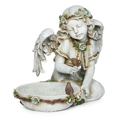 Roman 10.75" Solar Angel Bird Bath Resin Outdoor Garden Statue Gray