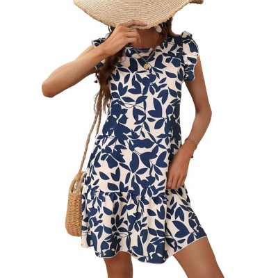 Causal Summer Dress Floral Ruffle A-Line Dress with Keyhole Back Floral Beach Sundress with Flounce Hem Summer Round Neck Mini Dress