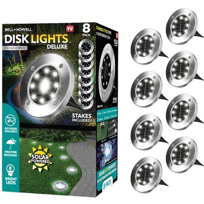 Bell + Howell 8 LED Solar Powered Disk Lights, Outdoor Pathway Lights, Waterproof, Auto On/Off, Rust Resistant
