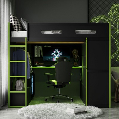 TiramisuBest Full Size Wood Loft Bed with Desk,Wardrobe,Ample Storage Space,and RGB Light,Green