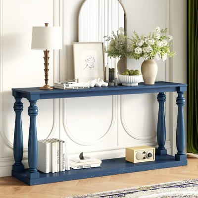 MOEPISY Vintage Wood Grain Console Table with Bottom Shelf and Four Vase Legs, Navy Blue