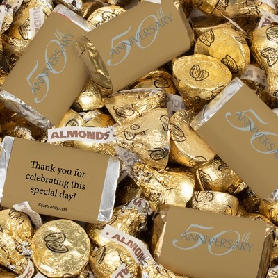 124 Pcs 50th Anniversary Candy Party Favors Hershey's Miniatures and Gold Almond Kisses by Just Candy (1.52 lbs)