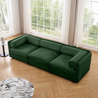 DOMETOUR Green Chenille 3-Seater Sofa with Storage, Cylindrical Backrest & Armrests, Contemporary Fabric Couch