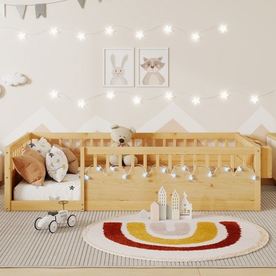 Hrinhom Twin Size Wood Platform Bed,Kids Floor Beds with Light and Storage Shelf