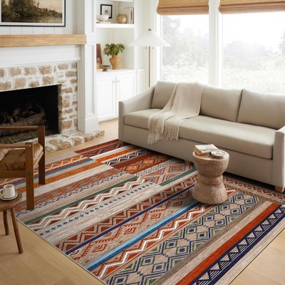 Rugs Washable Non-Slip - Vintage Geometric Area Rug ,Bedroom, Low Pile Stain Resistant Large Carpet, Boho Chic Home Decor