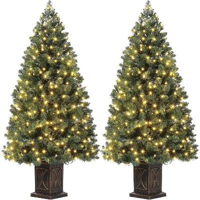 4.5 FT Pre-Lit Fiber Optic Artificial Christmas Tree, 2 Pack, 300 Warm White LED Lights, 8 Lighting Modes, Bendable PVC Branches, Metal Hinges