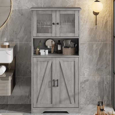 homfan Tall Bathroom Cabinet,Freestanding Storage Cabinet with Glass Doors and Adjustable Shelves, Modern Cupboard for Kitchen, Pantry, Living Room