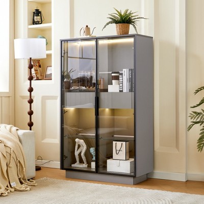KTMBDW 60.6'' Tall Freestanding Display Cabinet with 2 Storage Drawers, Modern Bookcase with Adjustable Shelves for Hallways, Kitchen, Livingroom,Gray