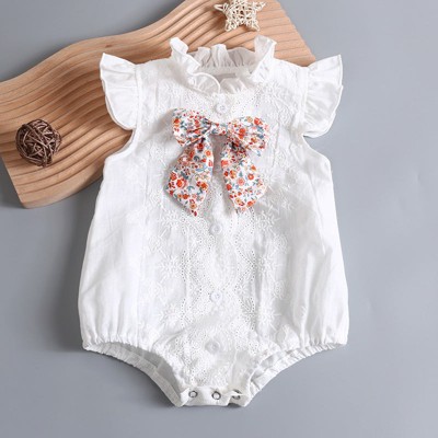 MyKids-USA Baby Girl Embroidery Pattern Round Neck Mullet Design Sleeveless Cardigan Onesies With Bow Decorations