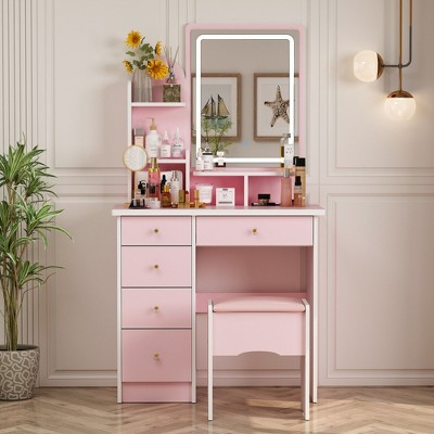 Famapy 31.5''W Dressing Desk Makeup Vanity Set with Stool and Mirror Led Light Bedroom Accent