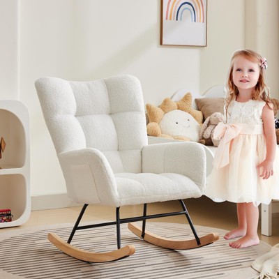 GustoWave Comfy Nursery Rocking Chair,Teddy Upholstered Glider Rocking Chair with Ergonomic Backrest, Armrest, Side Pocket,Soft Accent Armchair