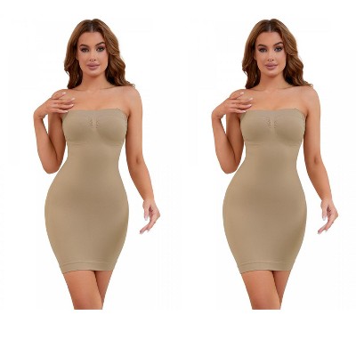 INSPIRE CHIC 2 Pcs Women's Tummy Control Seamless Underdress Strapless Full Body Shaper Slips Dress