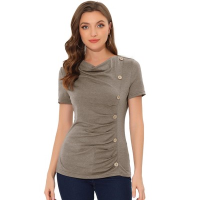 INSPIRE CHIC Women's Cowl Neck Short Sleeve Button Decor Ruched Front Casual  Basic T-shirt