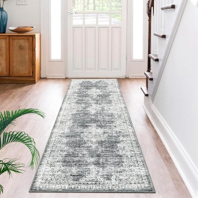 2x6 Washable Vintage Medallion Runner Rug, Low-Pile Non-Slip Hallway, Kitchen, Bedroom Carpet Throw, Soft Indoor Floor Runner, Grey
