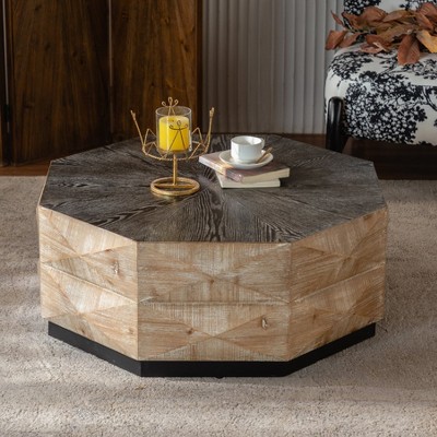 YUHAO 38" Octagon Retro Style Wood Center CoffeeTable with Three-Dimensional Embossed Pattern, Rustic Cocktail Table Center Large Circle