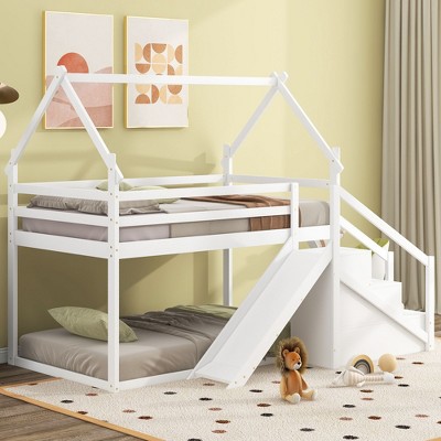 NicBex Twin over Twin Bunk Bed Classic House Shape Bed Frame with Guardrails, Slide and Storage Stairs, No Box Spring Required