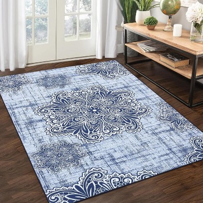 Runner & Area Rug, Vintage Medallion Design, Boho Accent, Non-Slip Washable Soft Rug for Kitchen, Hallway, Bedroom, Distressed Look