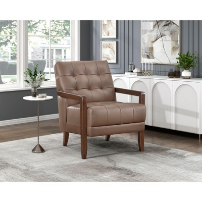 CAVINAS Leather Upholstered Accent Chair with Solid Wood Arms and Legs,Modern Arm Chairs for Bedroom,Reading Room,Beige
