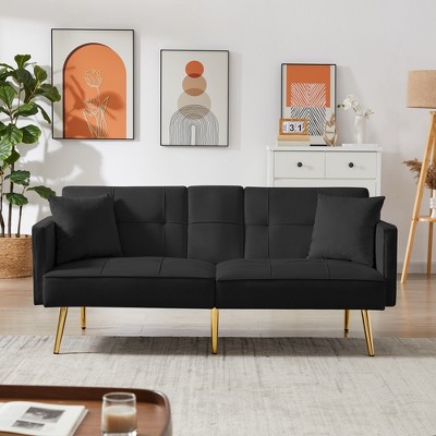 Velvet Futon Sofa Bed with Gold Metal Legs, 2 Pillows, Cup Holders and Side Pockets for Living Room