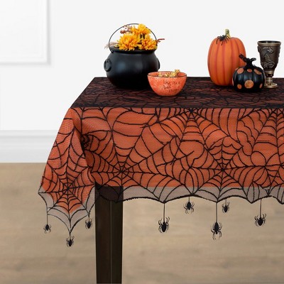Elrene Crawling Halloween Spider Lace Lined Tablecloth - Black/Orange - Elrene Home Fashions