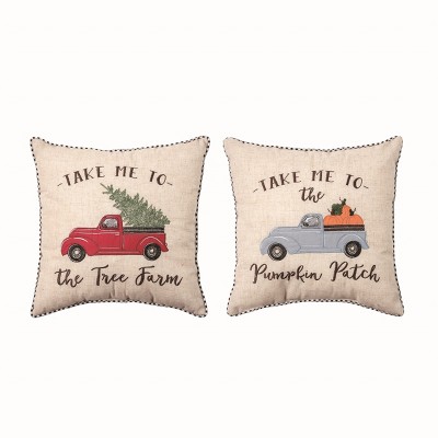 Transpac Cotton 16 in. Multicolor Autumn Tree Farm Truck Reversible Pillow