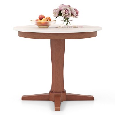 Tangkula 36" Round Dining Table for 4 People w/ Pedestal Base Solid Rubber Wood Frame