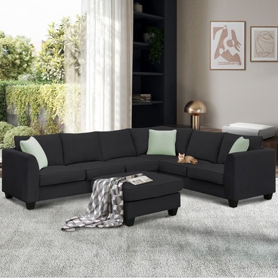 Whisen Minimalist Style L-shaped Modular Sectional Sofa, Living Room Set Includes Ottoman and Pillows