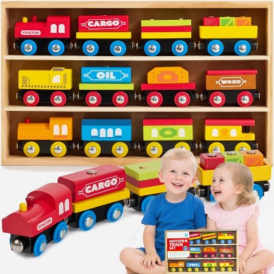 Joyfy 12PCS Wooden Toy Train Set Compatible with All Major Brands, Magnetic Train Car with Storage Box STEM Educational Toy Toddler Kid Boy Girl Gift
