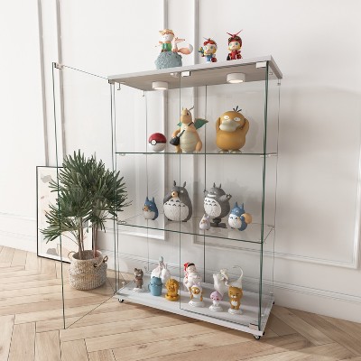 KTMBDW Glass Display Cabinet 3/4-Shelf with Door and Lock, Curio Cabinets, Tempered Glass Floor Standing Bookshelf for Bedroom, Living Room, Office