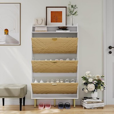 COZONY 3-Tier Shoe Cabinet with Tilt Drawers, Hidden Storage Organizer for Entryway, Space Saving Narrow Shoe Rack in Wood Finish