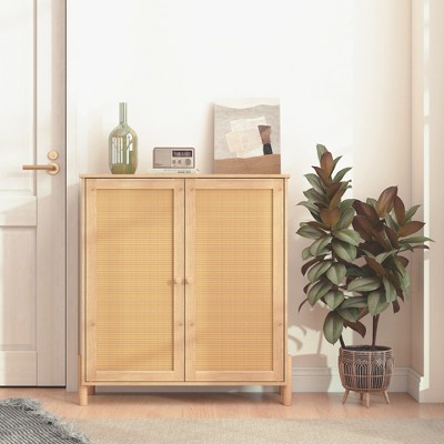 Buffet Cabinet with Storage, Storage Cabinet with PE Rattan Decor Doors, Accent Sideboard Buffet with Solid Wood Feet