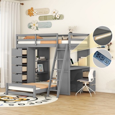 Twin Over Twin Bunk Bed with LED Lights and USB Ports, Space-Saving Kids' Loft Bed with Desk & Drawers, White/Gray - ModernLuxe