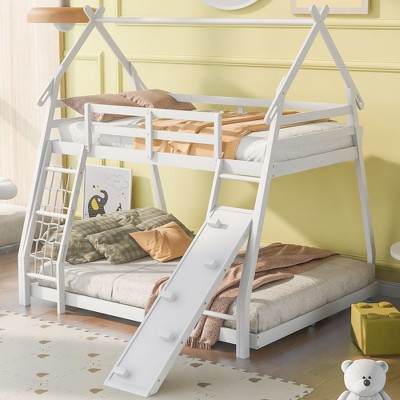 NicBex Twin over Queen Bunk Bed Classic House Shape Bed Frame with Guardrails and Ladder with Climbing Net and Climbing Ramp