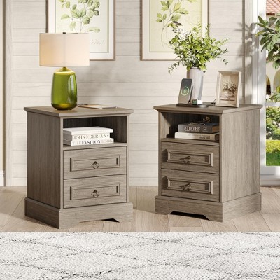 Nightstand with Charging Station & Open Shelf, 2 Drawers End Table Side Table, Grey