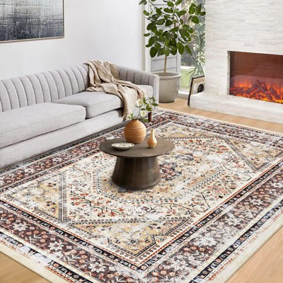 Area Rug, Washable Rug - Vintage Floral Print Ultra Thin Stain Resistant, Yellow Brown Boho for Bedroom, Dining Room