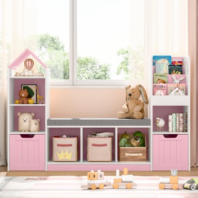 Kids Bookshelf with Seat Cushion & Movable Drawers, Multi-Purpose Toy Storage Bookcase