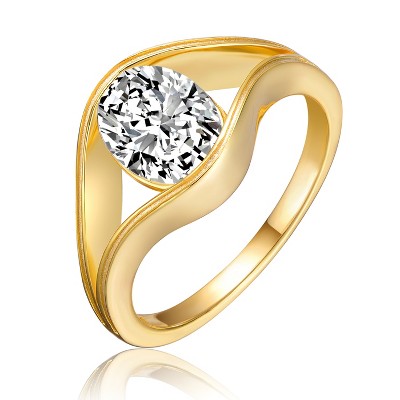 Guili Sterling Silver with 14K Yellow Gold Plating 2.50ct Oval Lab-Created Moissanite Solitaire Engagement Ring with Split Shank Design in Sizes 6, 7, and 8