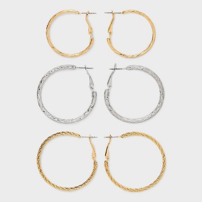 Etched Hoop Earring Set 3pc - Wild Fable™ Silver/Gold: Leverback Closure, Iron & Steel, Nickel-Free, 1.26" Length