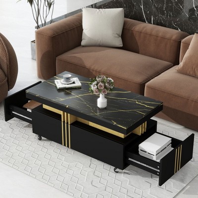 PAGED Contemporary Coffee Table with Faux Marble Top, Rectangle Cocktail Table with Caster Wheels, End Table for Living Room, Office