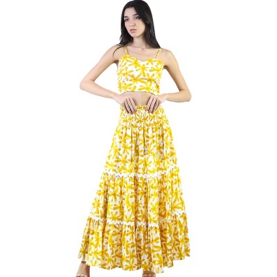 Artyska Women's 2-Piece Floral Print Smocked Crop Top Tiered Front Slit Maxi Boho Skirt Set