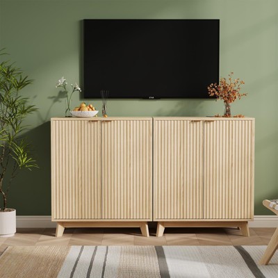 34.5" Fluted Sideboard Buffet Cabinet, Modern Accent Cabinet Console Table with 2 Doors & Adjustable Shelf for Living Room Entryway Kitchen, Natural