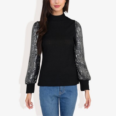 Anna-Kaci Women's Mock Neck Top Sequin Detail Ribbed Knit Pullover